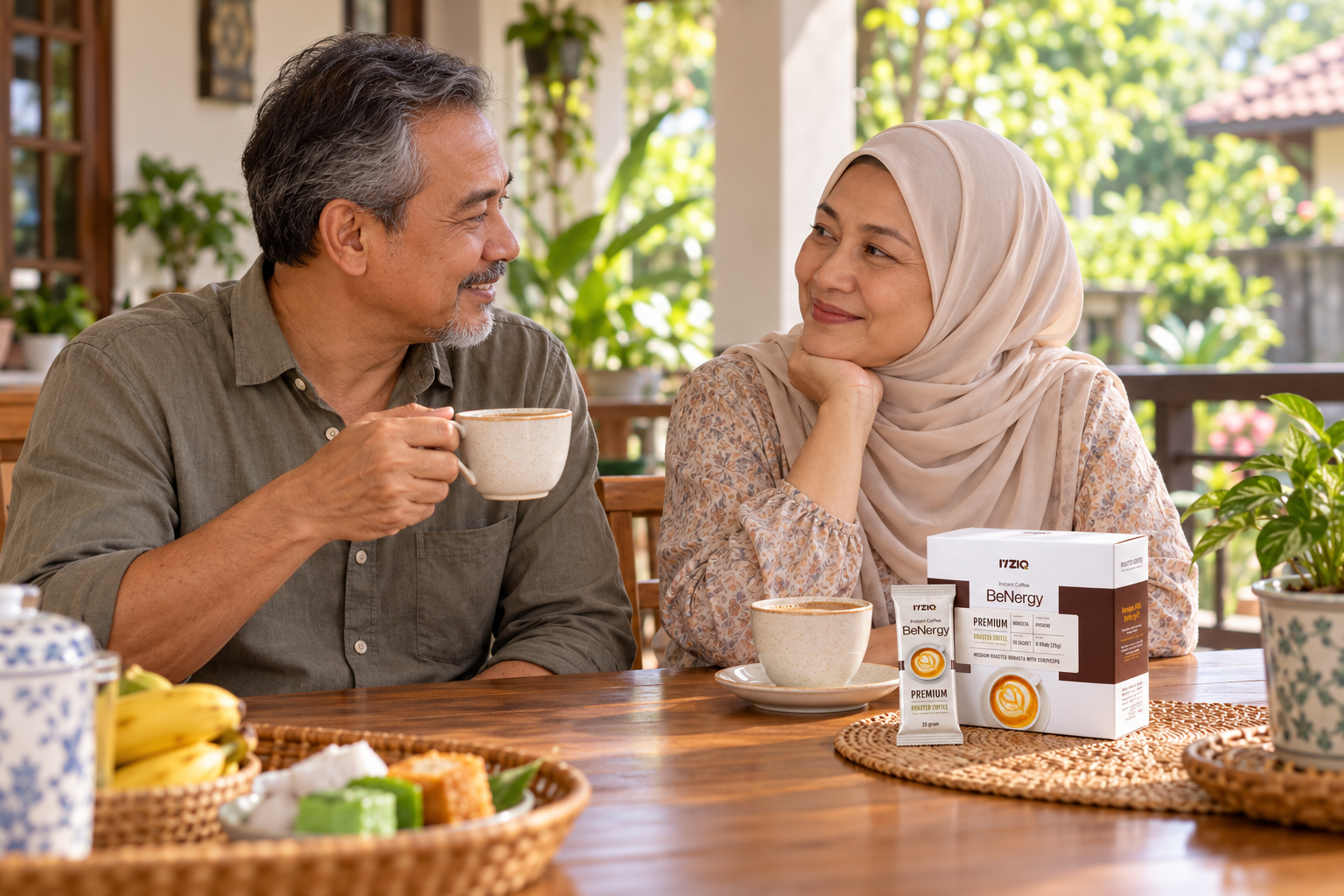 Pasangan Melayu usia 50-an berbual di rumah, dengan dua cawan kopi serta kotak dan sachet BeNergy di atas meja
