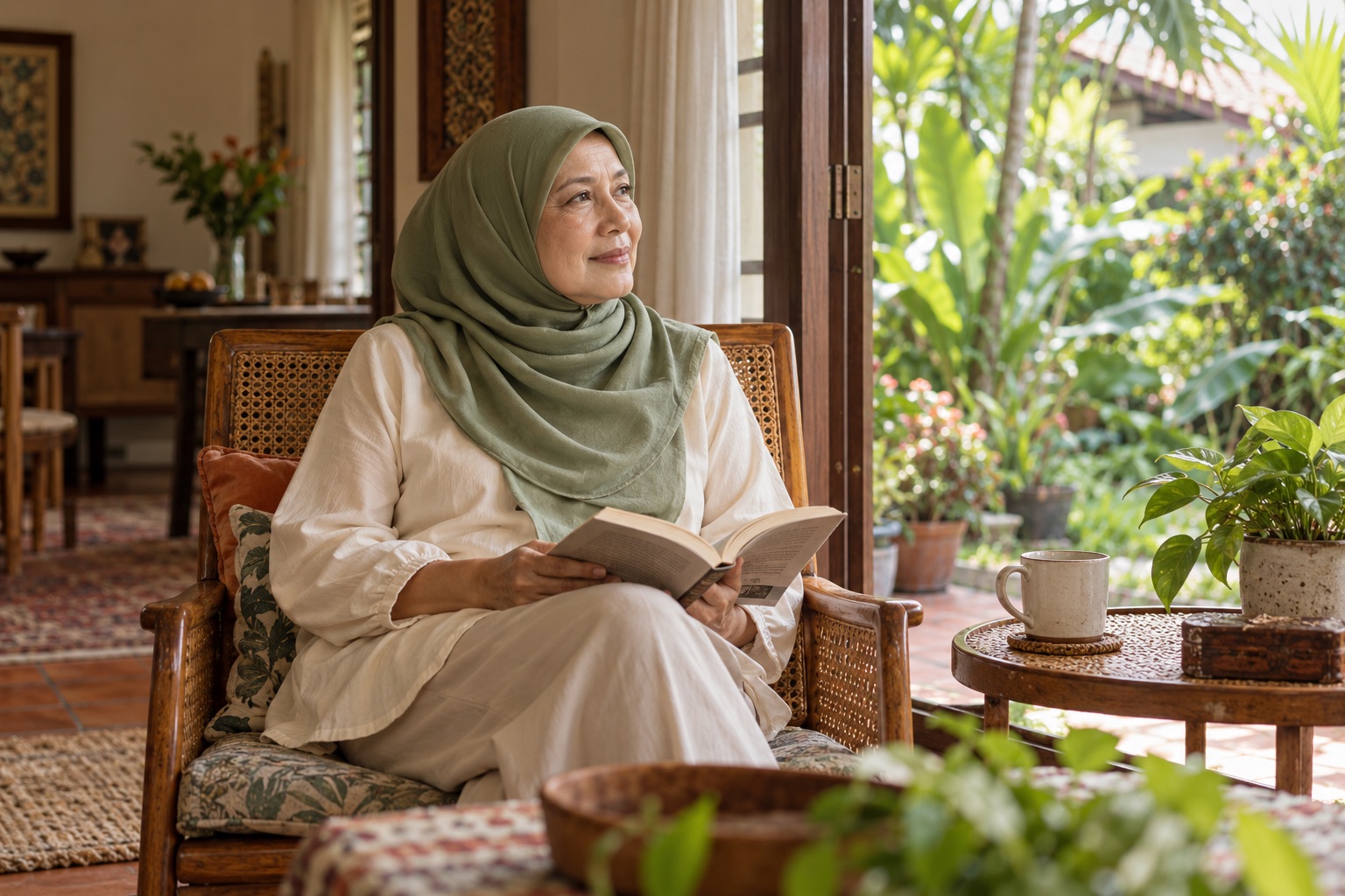 Gambaran wanita Melayu usia 50-an meluangkan waktu membaca di rumah dengan secawan kopi di sisi